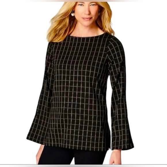 J. Jill Women's Wearever Ponte Black Tan Windowpane Plaid Stretch Top Size M - Picture 1 of 5